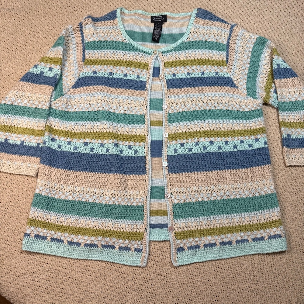 Vintage Striped Crochet Knit Cardigan- coastal grandma‎